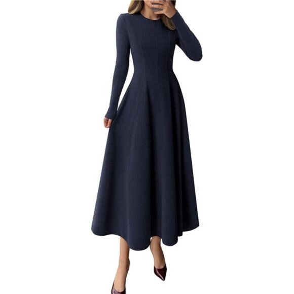 Women's Long Sleeve Midi Dress Navy Blue - Picture 1 of 7
